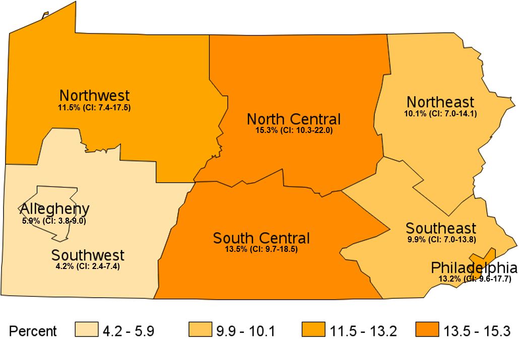 No Health Insurance, Age 18-64, Pennsylvania Health Districts, 2020